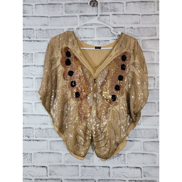 Vintage Gold Sequin Silk Butterfly Poncho Shirt V Neck Size Large Made In India - Picture 4 of 5